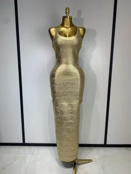 Women Sleeveless Bodycon Bandage Dress Celebrity Elegant Gold Cocktail Evening Party Luxury Birthday Dress Vestidos 1