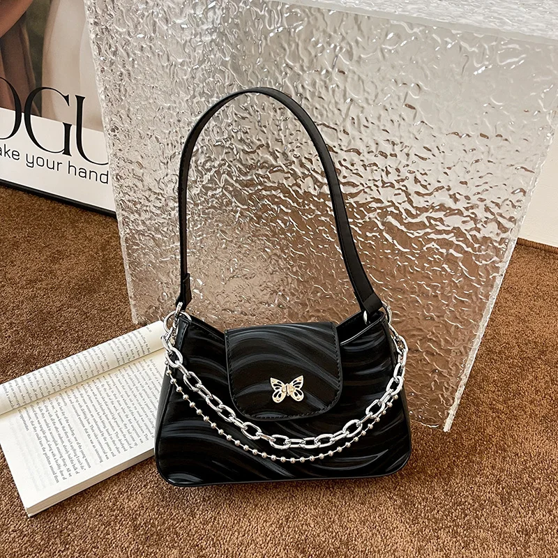 Elegant Chain PU Women Shoulder Bag Fashion Simple Stripe Messenger Bag Woman High Quality Underarm Handbag Ladies Y2k Purse