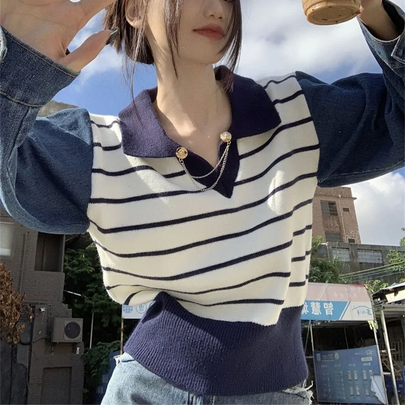 

DAYIFUN-Lapel Sweaters with Chain for Women Knitted Patchwork Fashion Pullover Knitted Design Tops for Lady Autumn and Winter