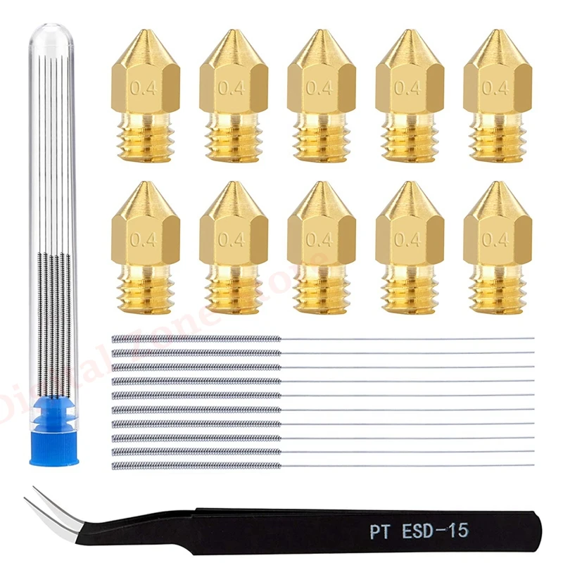 

10Pcs 3D Printer Nozzle, Brass 0.4mm MK8 Extruder Nozzles with Cleanning Needles + Tweezers Tools for Creality CR-10 Ender 3/5