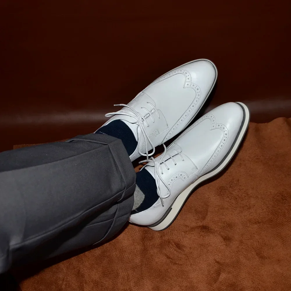 XEBOS Men&rsquo;s White Summer Sneakers Genuine Leather Breathable Lace-up Wing Tip Derby Shoes Casual Outdoor Walking Footwear Male