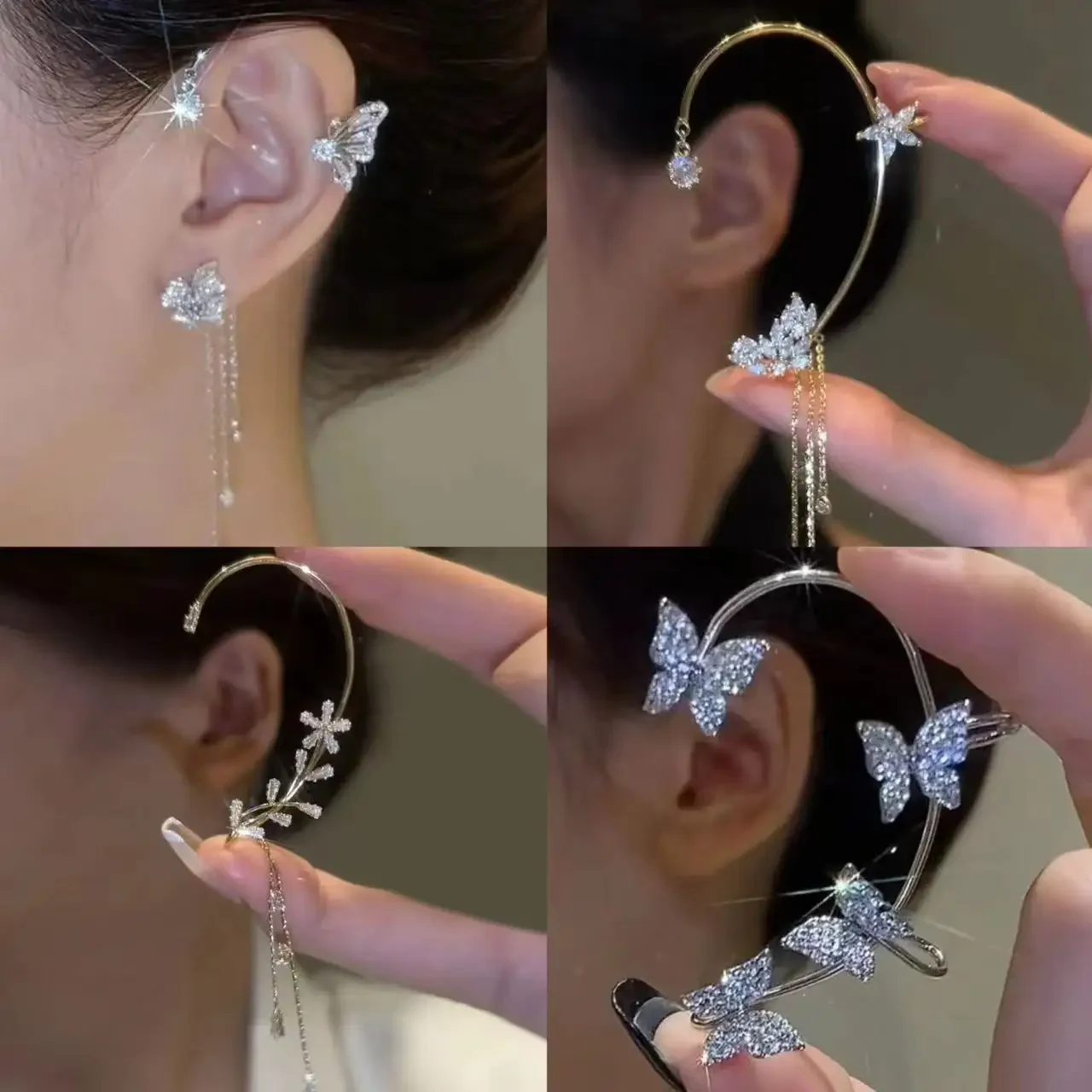 Silver Plated Metal Butterfly Ear Clips Without Piercing for Women Sparkling Zircon Ear Cuff Clip Earrings Wedding Jewelry ear clip earrings clip earrings ear clip ear accessories
