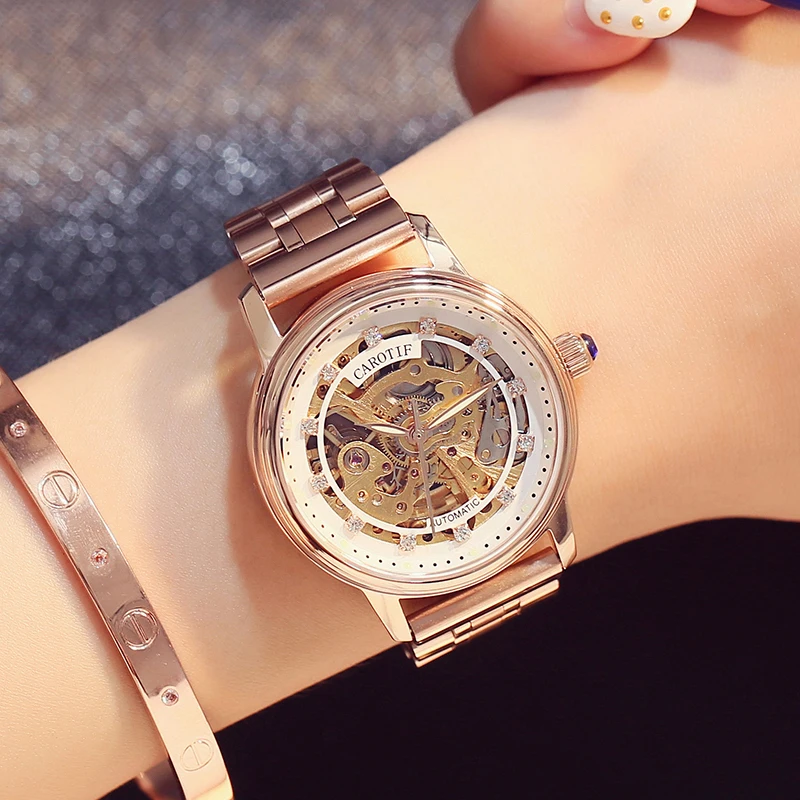 

Carotif Fashion Business Mechanical Women Watch Waterproof Stainless Steel Bracelet Luminous Elegant Casual Women's Watches