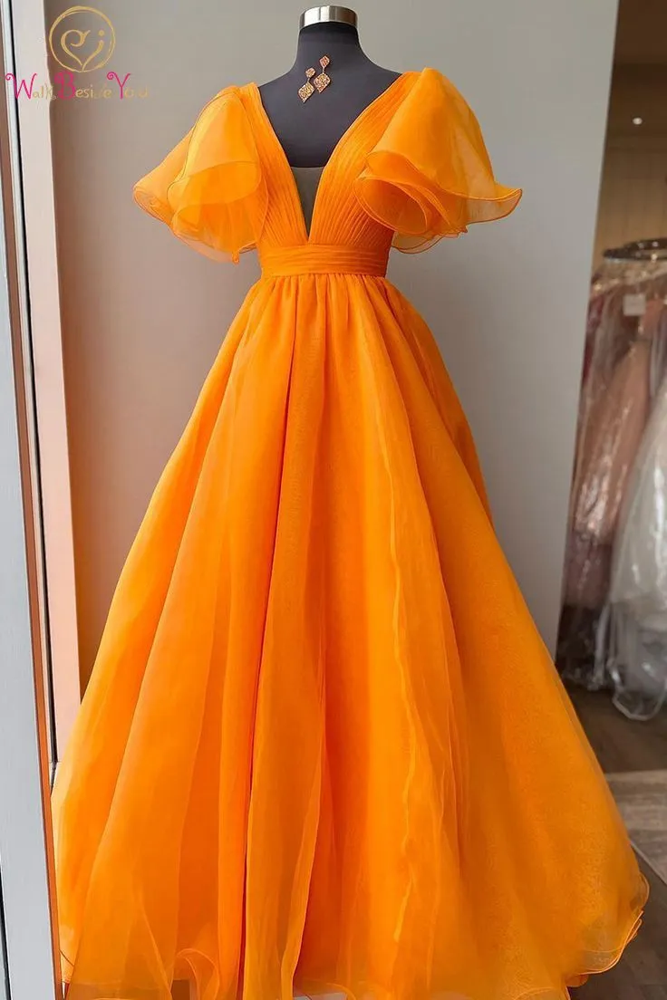 Organza Orange Prom Dress 2024 Long A Line Pleat Cap Short Puffy Sleeves V Neck Evening Party Gown Long Women Custom made