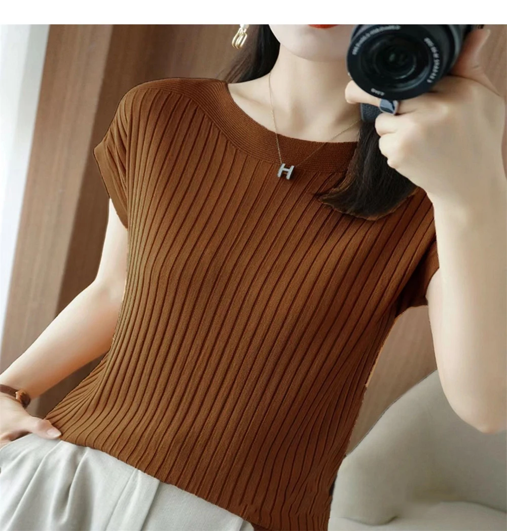 2024 New One Word Neck Ice Silk Knitted Short Sleeve Women's Summer Thin Wear Versatile T-shirt Top Loose Half Sleeve