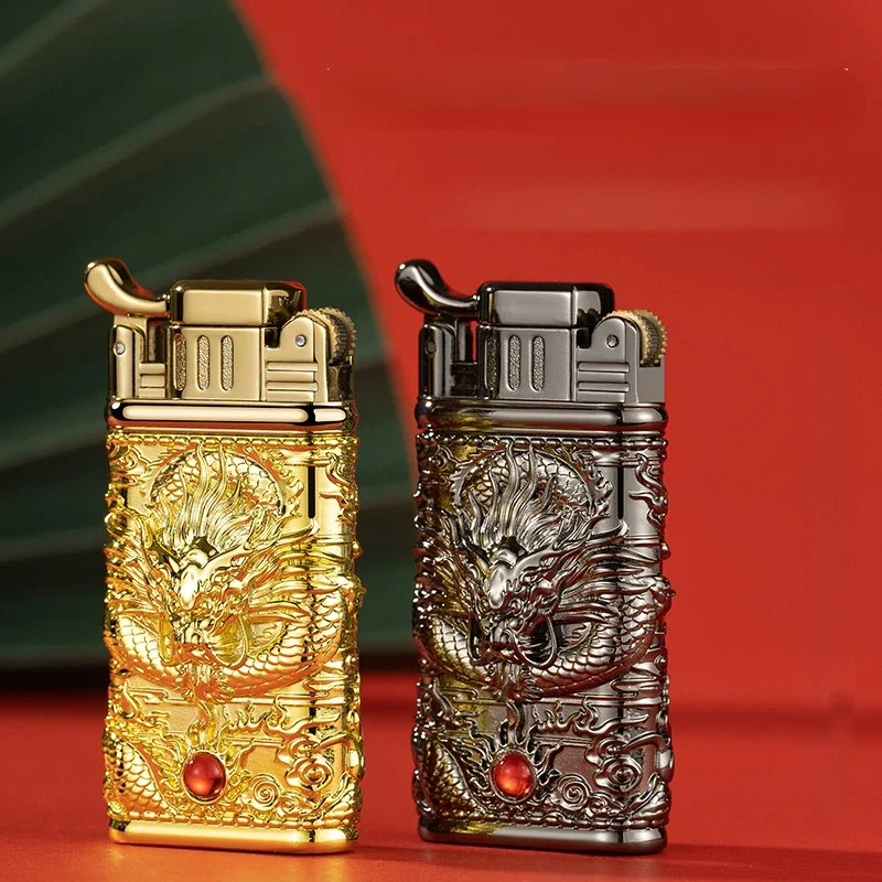Creative Dragon Embossed Metal Cigar Lighter Grinding Wheel Ignition Gas Lighters Windproof Double Flame Turbo Jet Torch Lighter