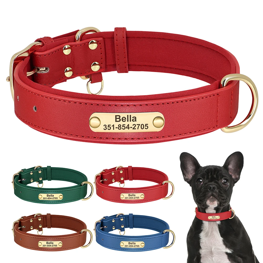 Dog Collar Personalized PU Leather Soft Padded Free Engraved Pet ID Necklace For Small Medium Dogs