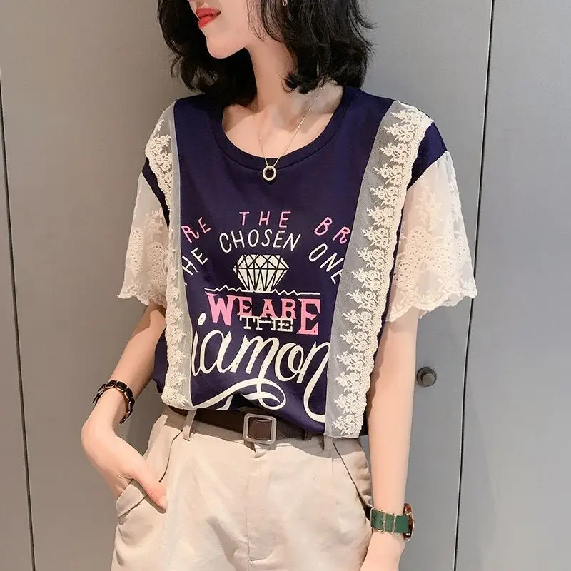 

Casual Lace Patchwork T-shirt Stylish Letter Printed Female Clothing Short Sleeve 2023 Summer Korean Loose Round Neck Pullovers