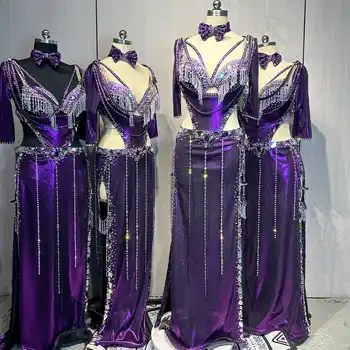 Customized Tassel Belly Dancer Costume Set for Women Performance Dress Oriental Belly Dancing Bra Long Skirt Robe Dancewear Suit