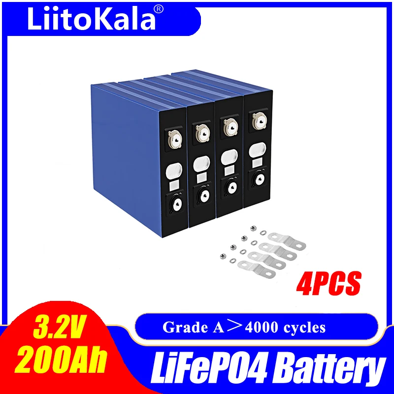 

4pcs/lot LiitoKala 3.2V 200Ah Lifepo4 Battery 12V Suitable For Solar Energy Long Life 3500 Cycles EUUS TAX FREE