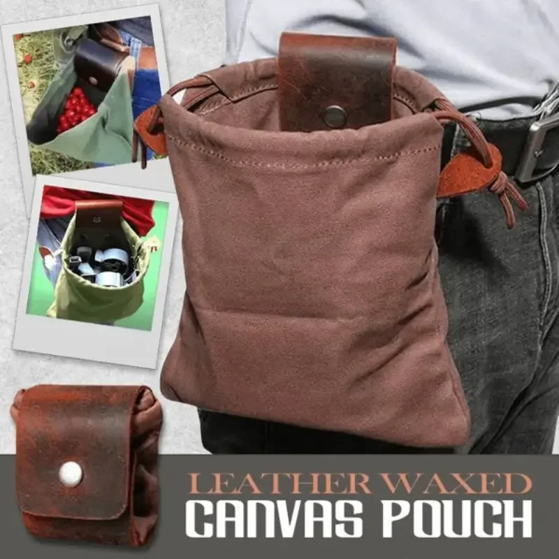 

Leather Waxed Canvas Pouch Tote Garden Tools Bag in Water Proof Canvas Rolling Bag Foldable Belt Pack Portable Foraging Bag