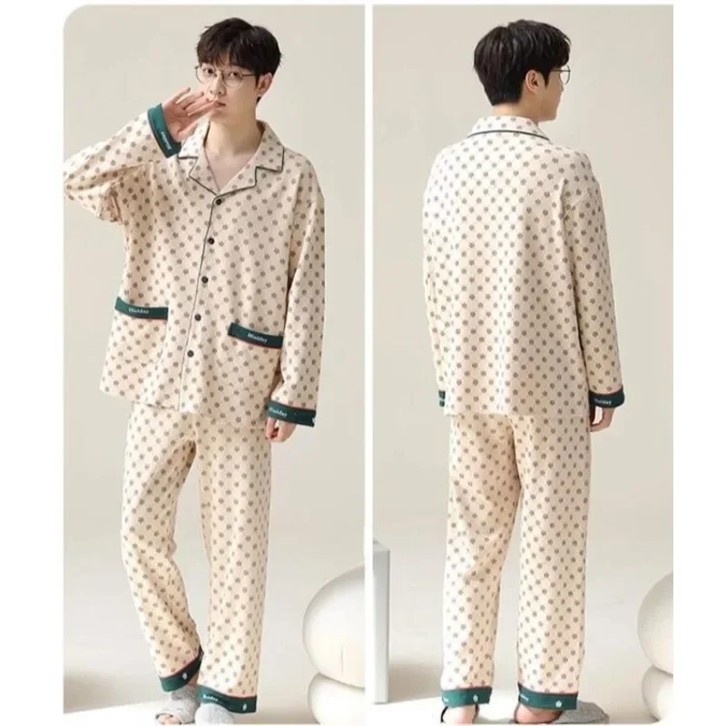 2024 New Men Pajamas Spring Autumn Loungewear Cotton Long Sleeve Boys Cotton Homewear Suit V-neck Loose Casual Nightwear