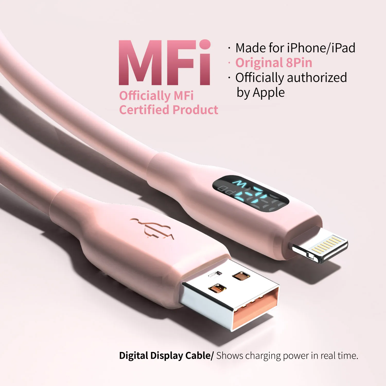 MFI Certified Macaron Pink Silicone USB to Lightning Cable with LED Display