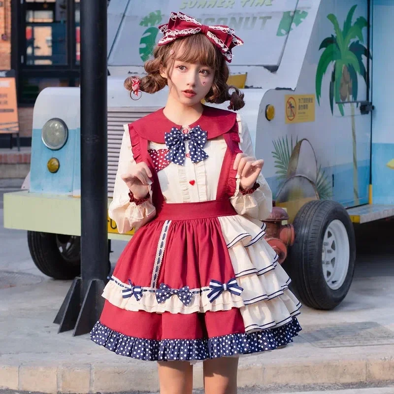 

MAGOGO 2PCS Lolita Suit Sweet Cute For Girls Shirt+ Strap Skirt Set Soft Sisters Bear Wave Point Skirt Daily Party Clothes