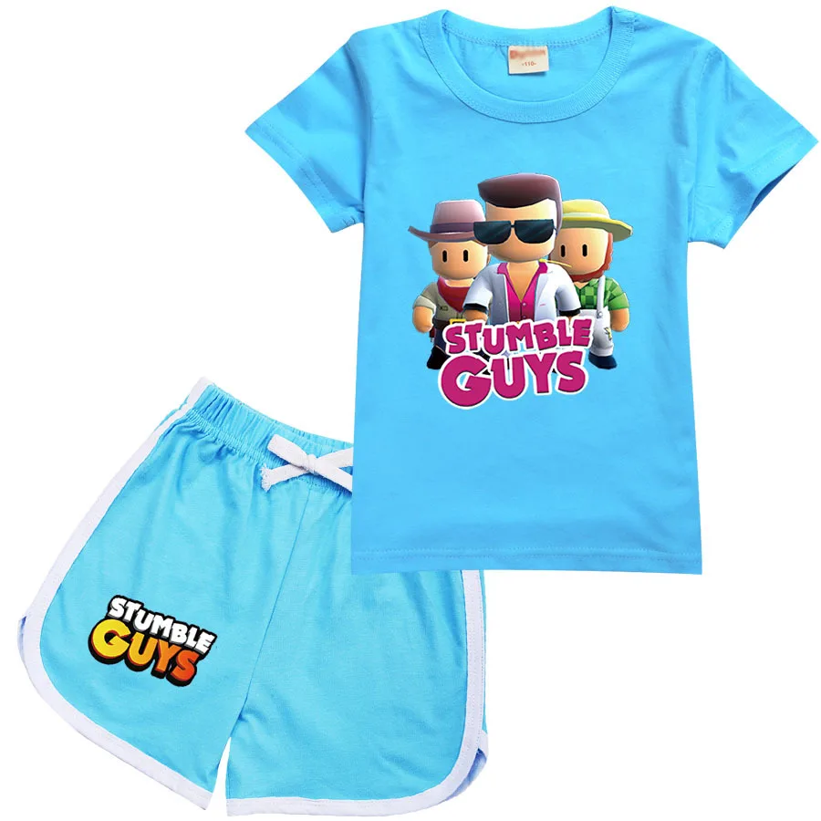 

STUMBLE GUYS Clothes Kids Short Sleeve Cotton T-shirt Shorts 2pcs Set Boys Summer Outfits Teenager Girls Casual Sportsuit