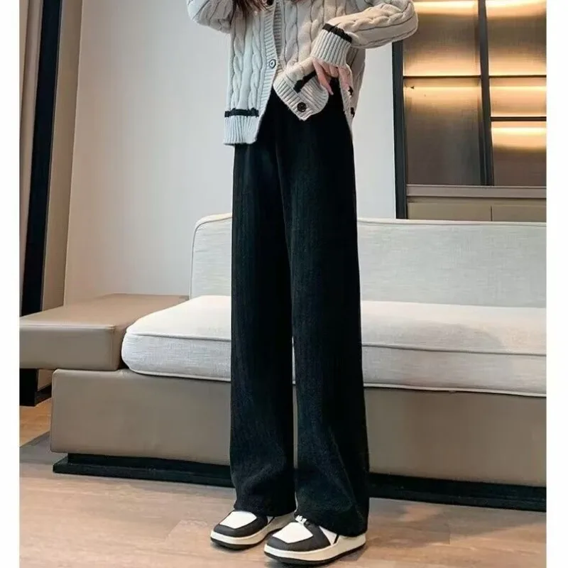 Women's Autumn Winter Elastic High Waisted Solid Flocking Paisley Wide Leg Loose Casual Trousers Fashion Office Lady Pants