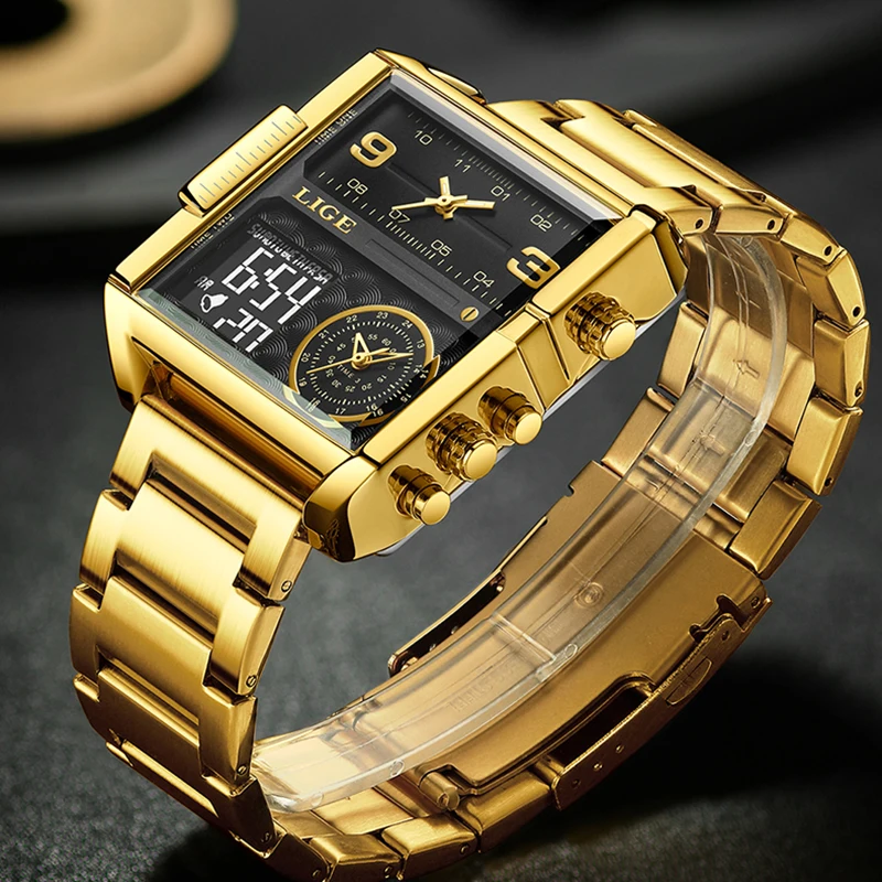 Luxury Gold Steel Sports Square Digital Analog Men's Quartz Watch