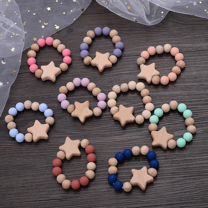 Beech Wood Chew Bead Pacifier Clips Chain Pentagram Dummy Chain Holder Soother Chains Nipple Holder For Baby Chew Teething Toy teething toys pacifier clip pacifier chain