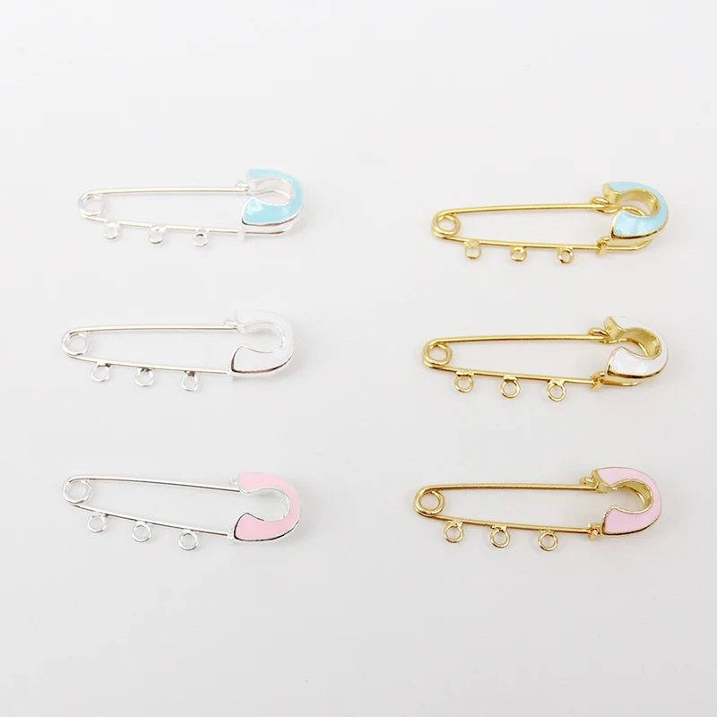 SET OF 3 CHAIN TETHERED CONNECTED SAFETY BABY PINS- ELONGATED OVALS - 14K  PLATED