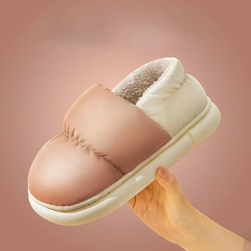 2023 New Waterproof Women Slippers Outside Thick Bottom Super Warm Plush Platform Winter Down Non-slip Cotton Shoes  for Couples