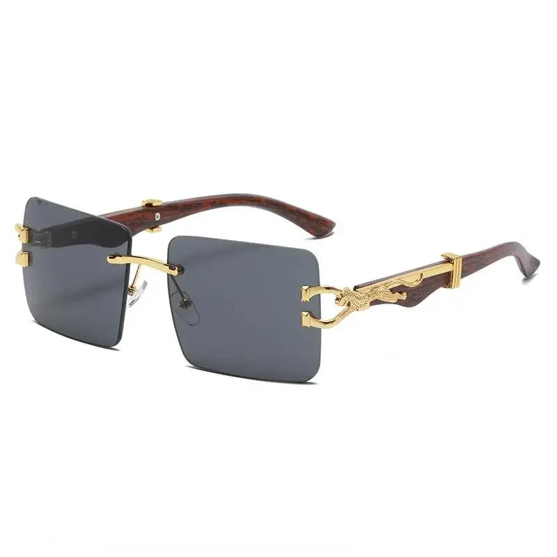 

New Cheetah Decorated Square Rimless Sunglasses for Men and Women Retro Leopard Head Metal Sunglasses