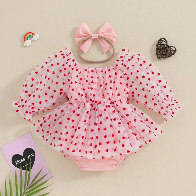 

Infant Girls Valentine s Day Romper Dress Heart Print Long Puff Sleeve Mesh Tulle Jumpsuit Bow Headband