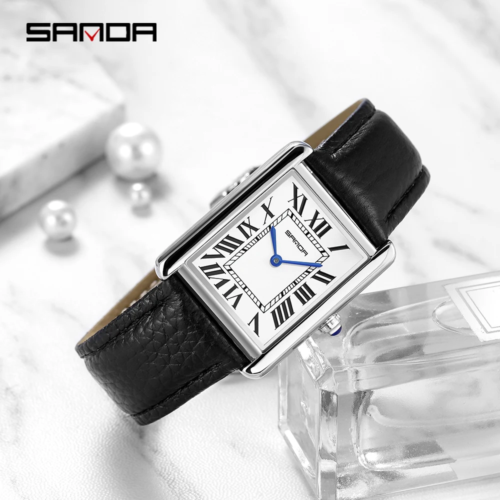 Sanda Rectangular Wrist Watches for Women Silver Case Ladies