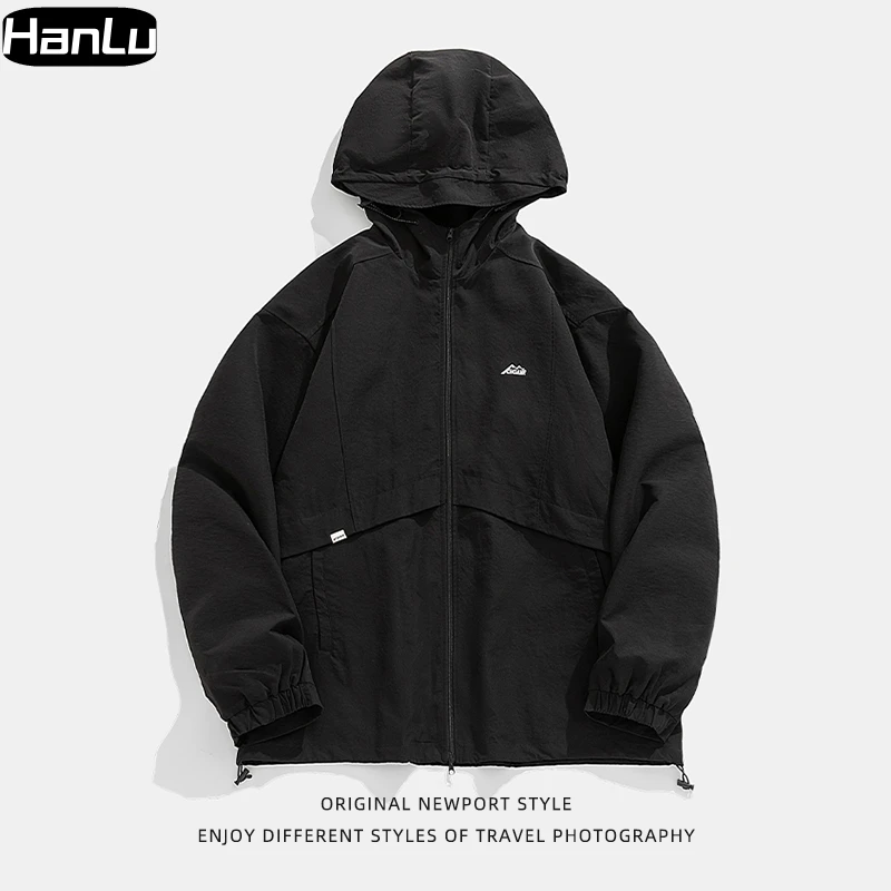 Men's Autumn and Winter New Casual Windproof Hooded Jacket Couple Outdoor Splicing Design Solid Color Men's Zipper Coat
