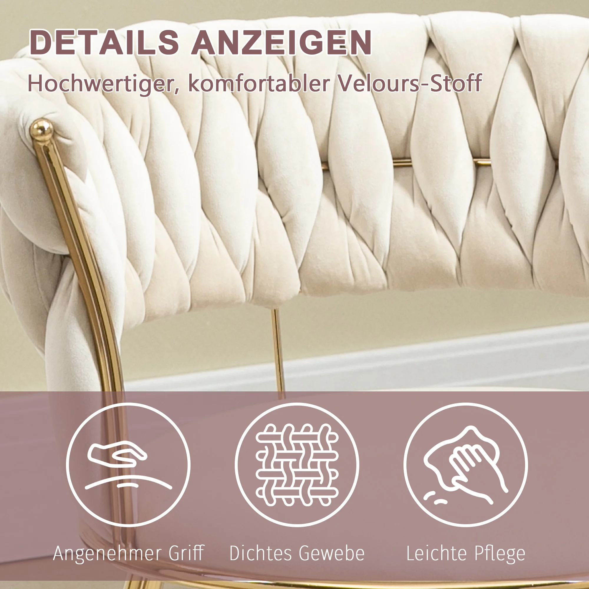 KOMHTOM Weiches Samt-Esszimmerstuhl-Set (2-teilig), Weichgepolsterte Bequeme Stühle mit Fingerförmiger Rückenlehne – Detail 4