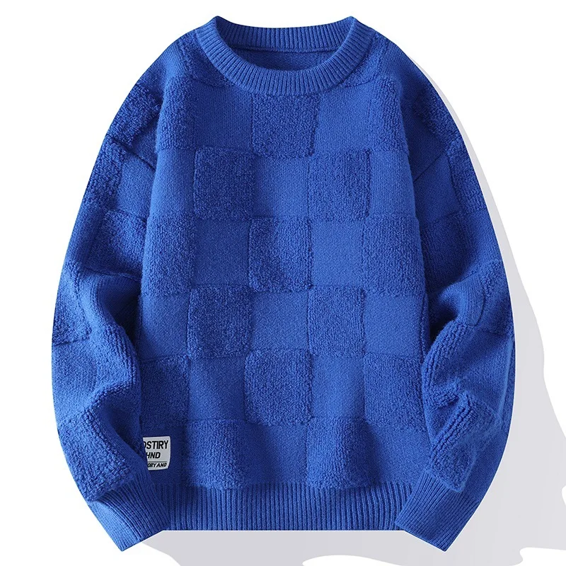 New American Style Towel Check Design Fashion Sweater Coat Men's Fall Winter Casual Loose Pullover Unisex Sweater Streetwear