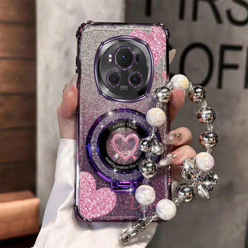 Pearl Strap Glitter Love Phone Holder Case with Anti-Knock Back Cover