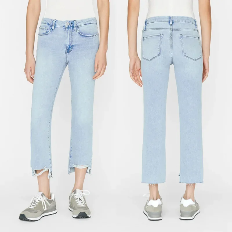 

Women elasticity slim fit jeans cut and tattered straight fashion denim pants