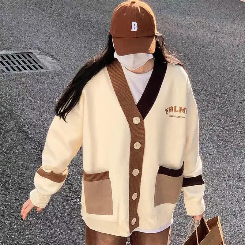 

Embroidery Sweater Cardigan Coat Women's New Korean College Style Color Blocking V-neck Sweater Women