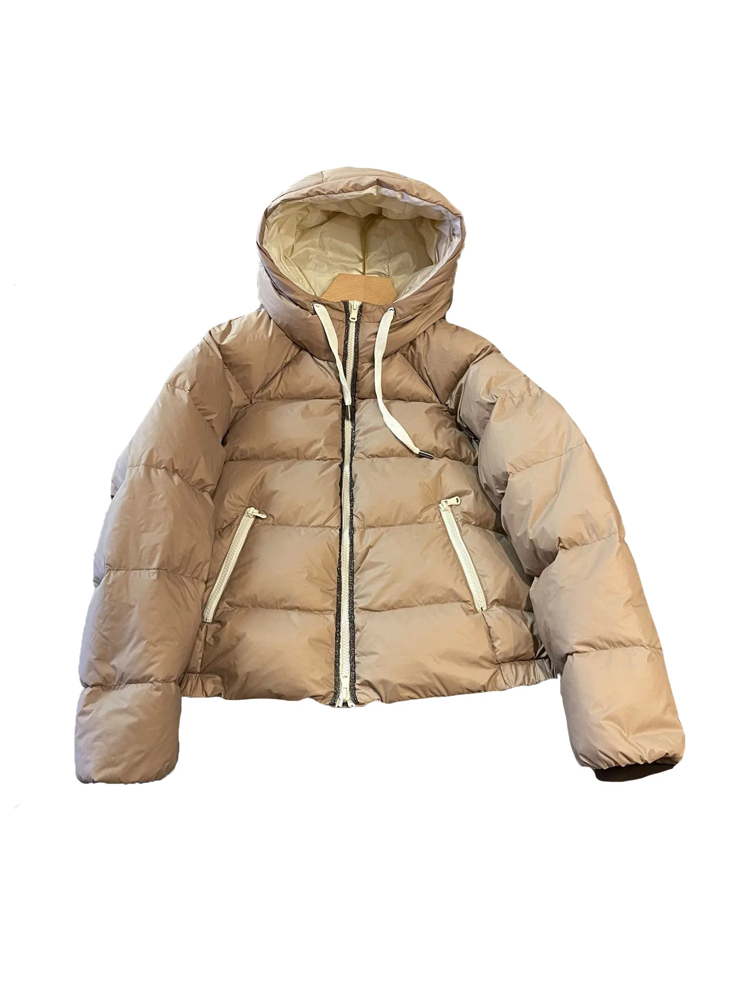

Down jacket hooded short loose version splicing double pocket design warm and comfortable 2023 winter new 1209