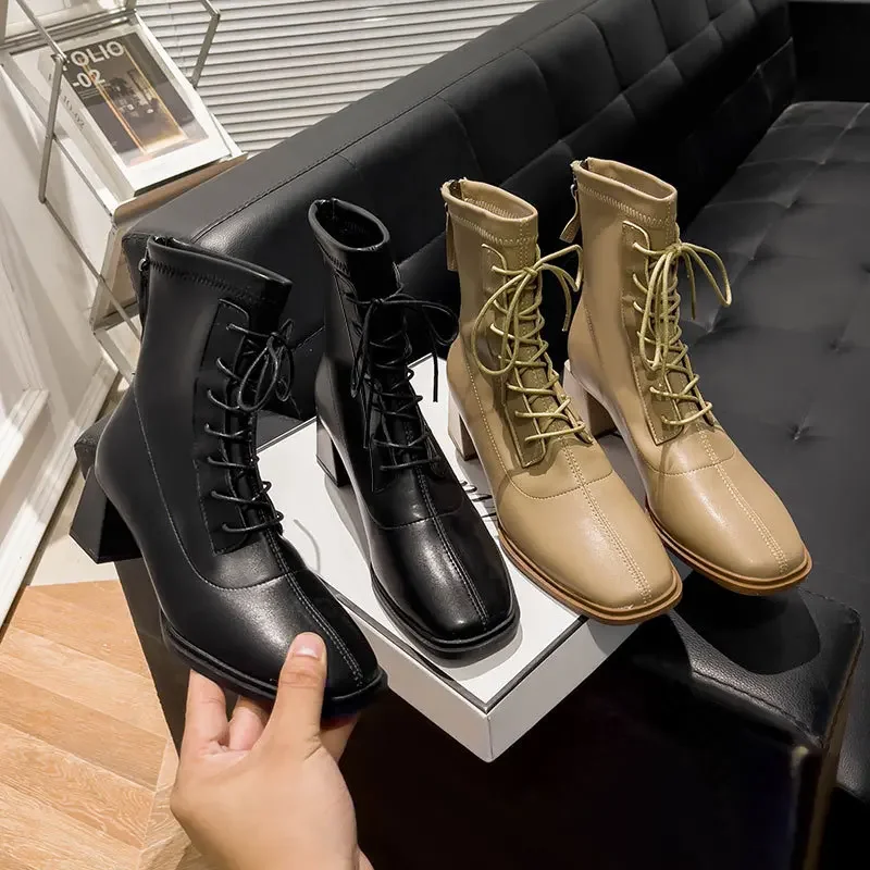

Autumn and Winter New Style Slim British Retro Lace Up Square Head Mid length Boots