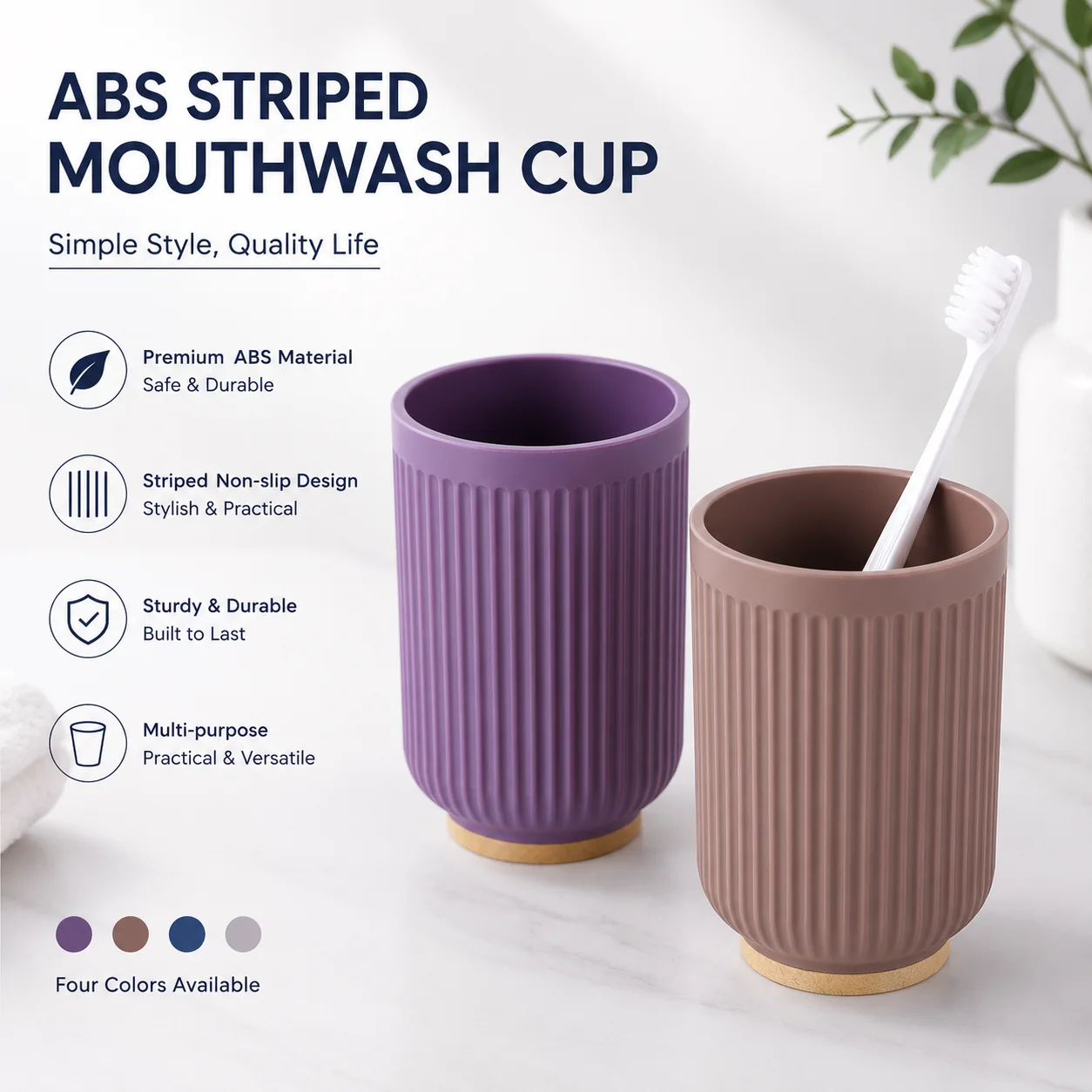 Copos para enxaguante bucal listrados em 5 cores com base de bambu, copos de ABS, porta-escova de dentes, estilo leve e luxuoso, organizador de banheiro._voghion.com