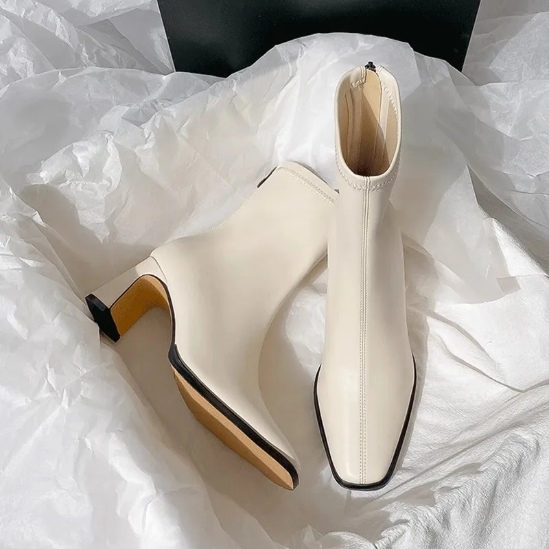Square Ankle Boots Autumn Soft Leather High Heel Women's Fashion Zipper Simple Shoes