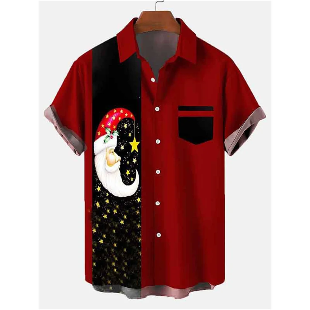 2023 New Christmas Party Men's Short Sleeve Cardigan Shirt Christmas Print Lapel Pocket Top High Quality Comfortable Soft Fabric 5