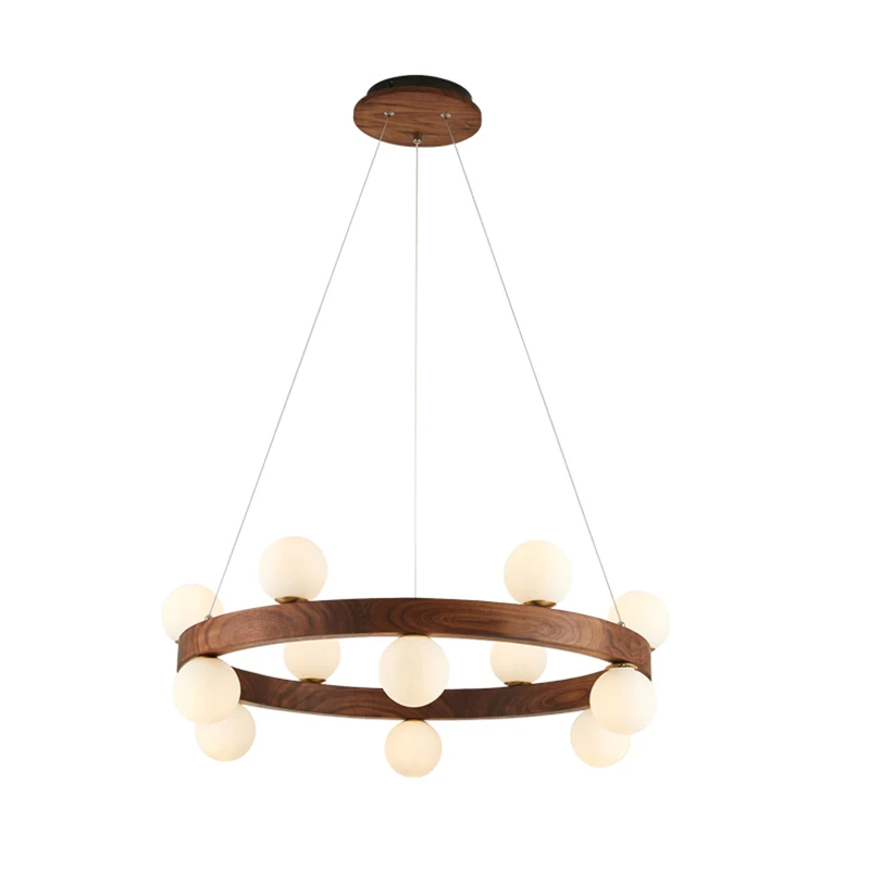 

Round Walnut Chandelier Glass Bulbs Hanging Lamp LED Modern Pendant Light for Living Room Bedroom SEA Modern Style Droplight