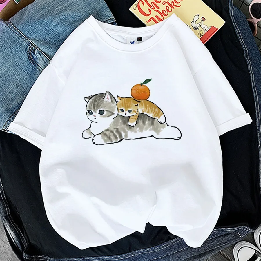 Tops Woman 2024 T Shirt Kawaii Cat Shark Print T-shirt Summer Korean Harajuku Fashion Short Sleeve Tee Funny Animal Graphic Tee 3