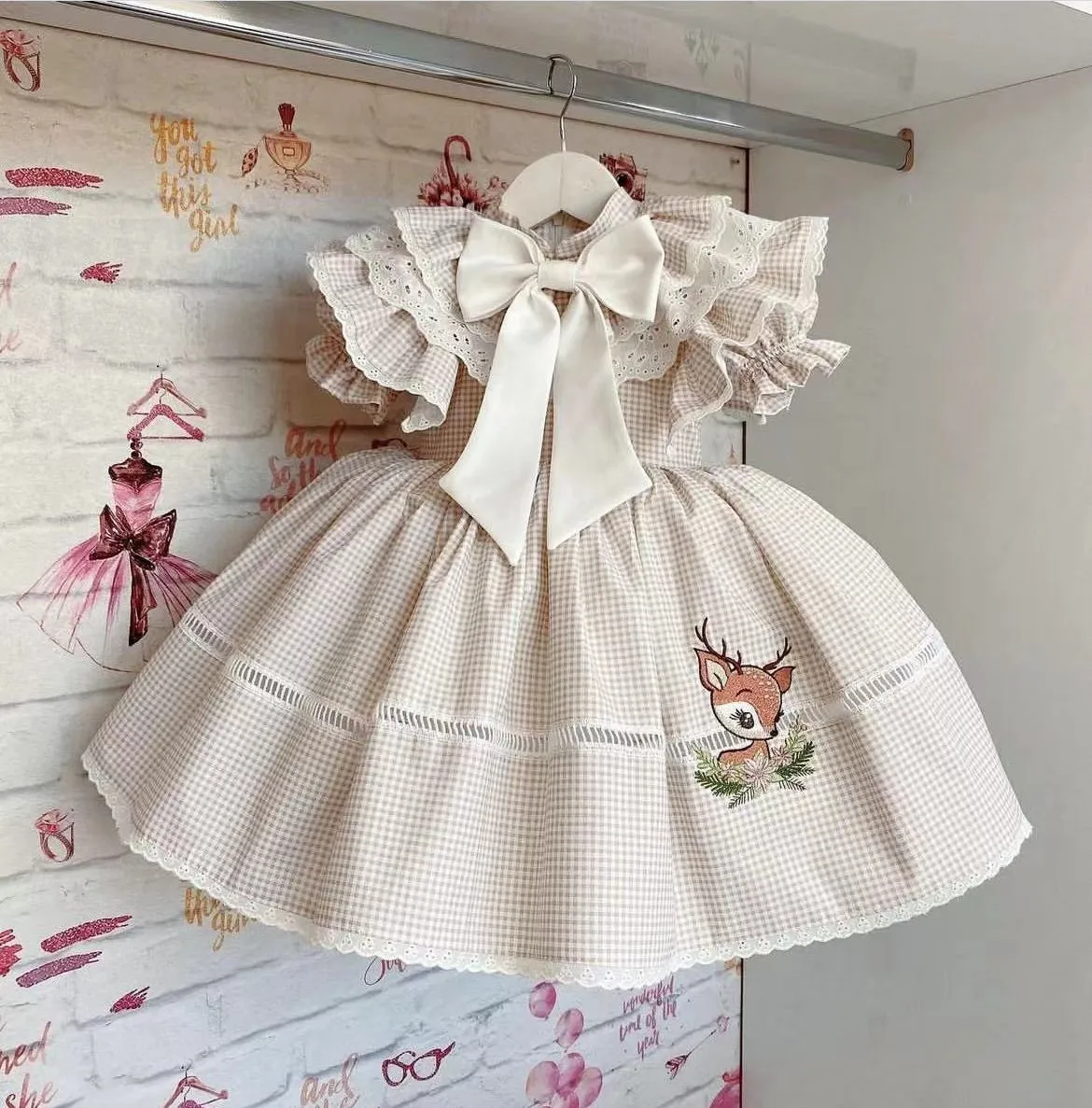 

Baby Girl SummerBeige Plaid Deer Embroidery Turkish Vintage Ball Gown Princess Dress for Easter Eid Birthday Party