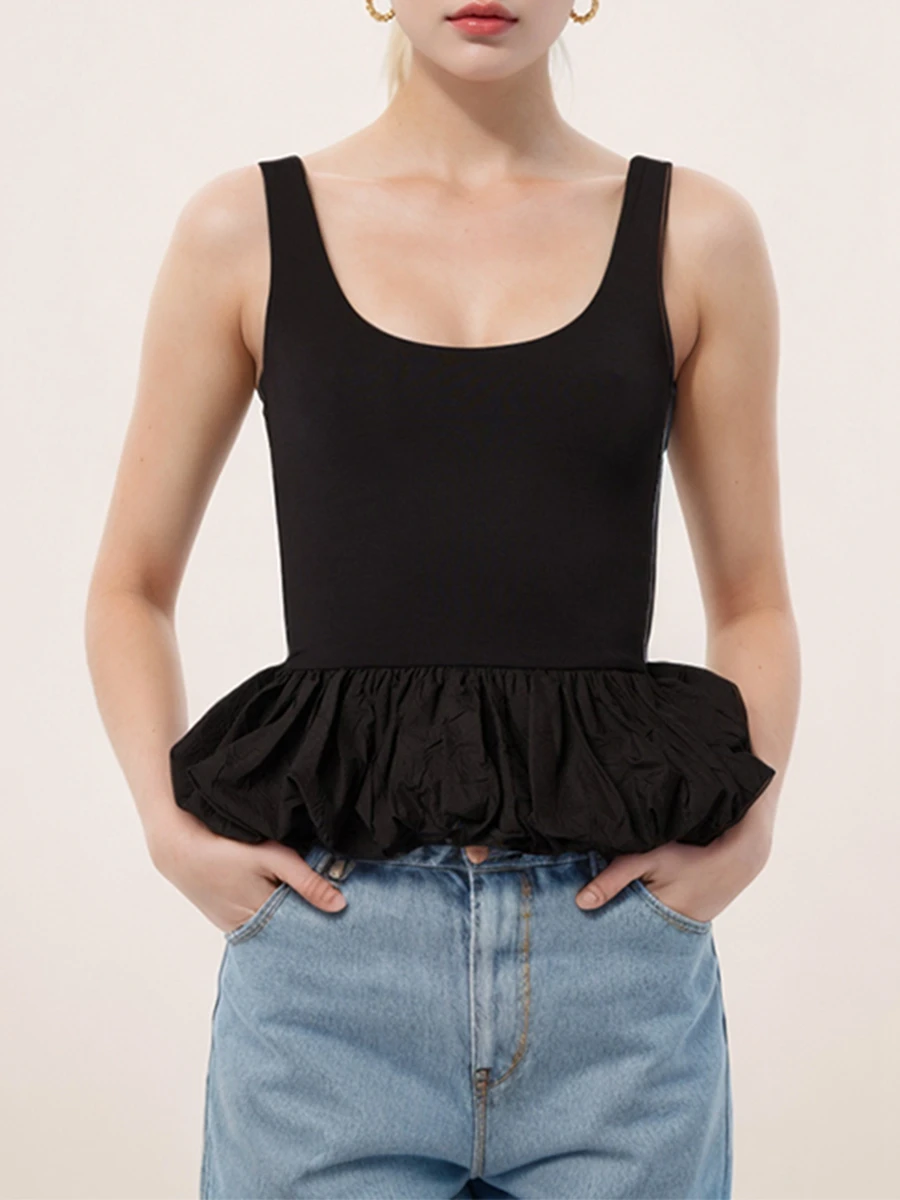 

Женская майка с оборками и пузырьковым краем Y2k, лоскутный Топ без рукавов с глубоким круглым вырезом и баской, рубашки для малышей