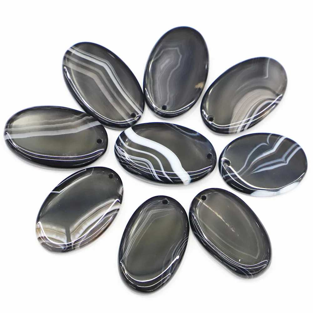 Free Shipping Natural Black Striped Agate Oval Egg Pendant Charm Fashion Bare Stone DIY Jewelry Accessories Wholesale 10Pcs/ Lot