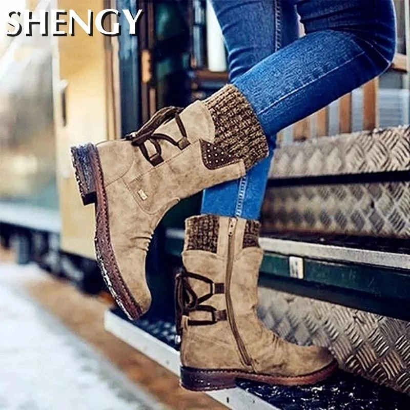 De media caña para Mujer, zapatos cálidos De cuero con cordones, Botas De nieve De retazos De punto para exteriores, invierno, 2022| -