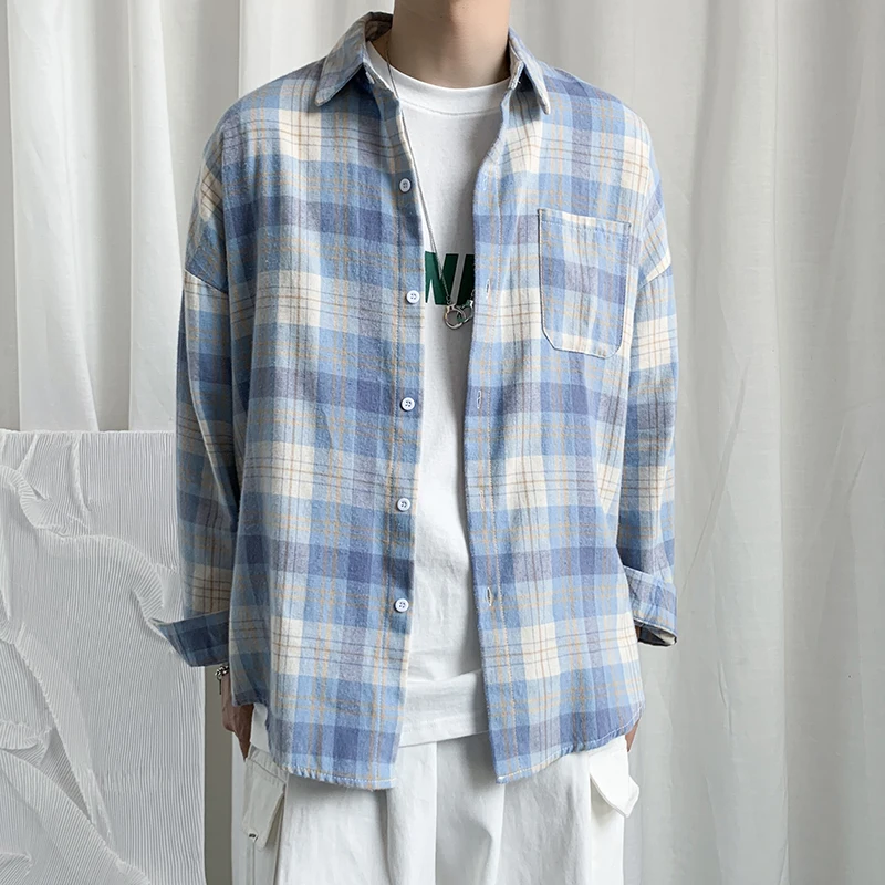 

2023 Shirt for Men Plaid Blouse Unisex Tops Long Sleeves Clothing Turn-down Collar Streetwear Fall Spring Overshirts Blouse Y118