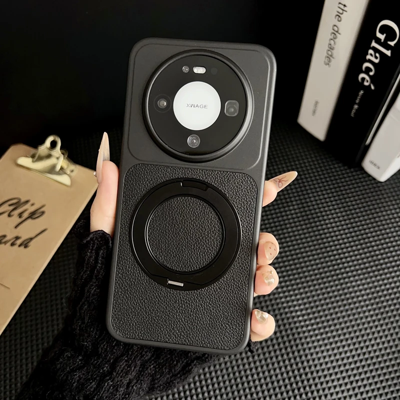 Lychee Texture PU Leather Ultra Thin Magnetic Case with 360° Rotation Ring Stand