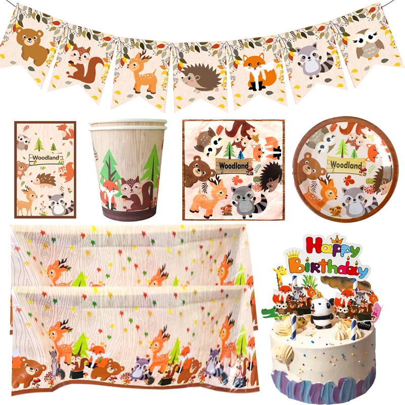 

Woodland Forest Theme Birthday Decoration Wild One Party Supplies Animal Paper Plates Cup Banner Gift Bag Baby Shower 59pcs/lot