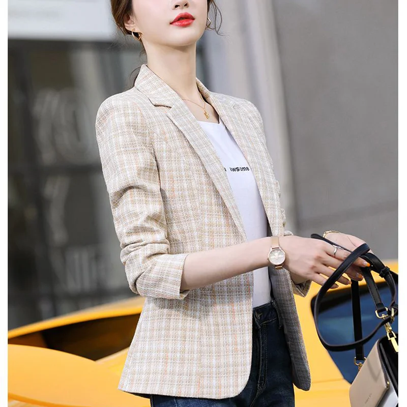 Fashion Loose Button Spliced Pockets Lattice Blazer Women's Clothing 2023 Autumn New Oversized Casual Tops Office Lady Blazers