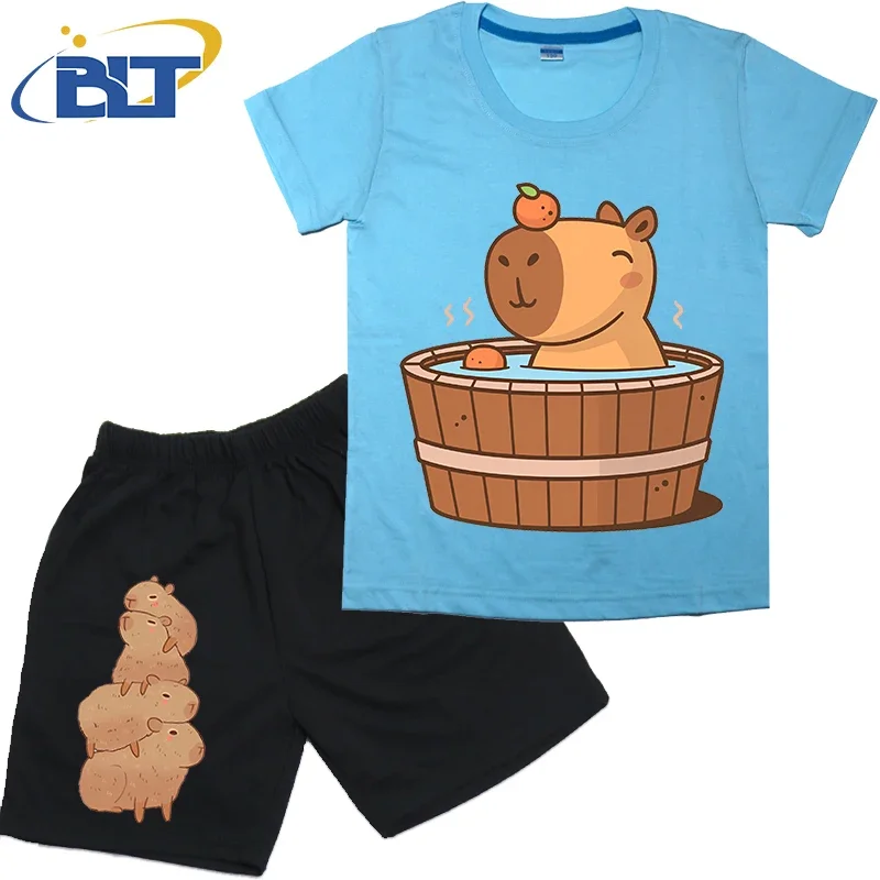 Capybara in hot tub printed kids T-shirt set summer pure cotton short-sleeved shorts 2-piece set for boys and girls