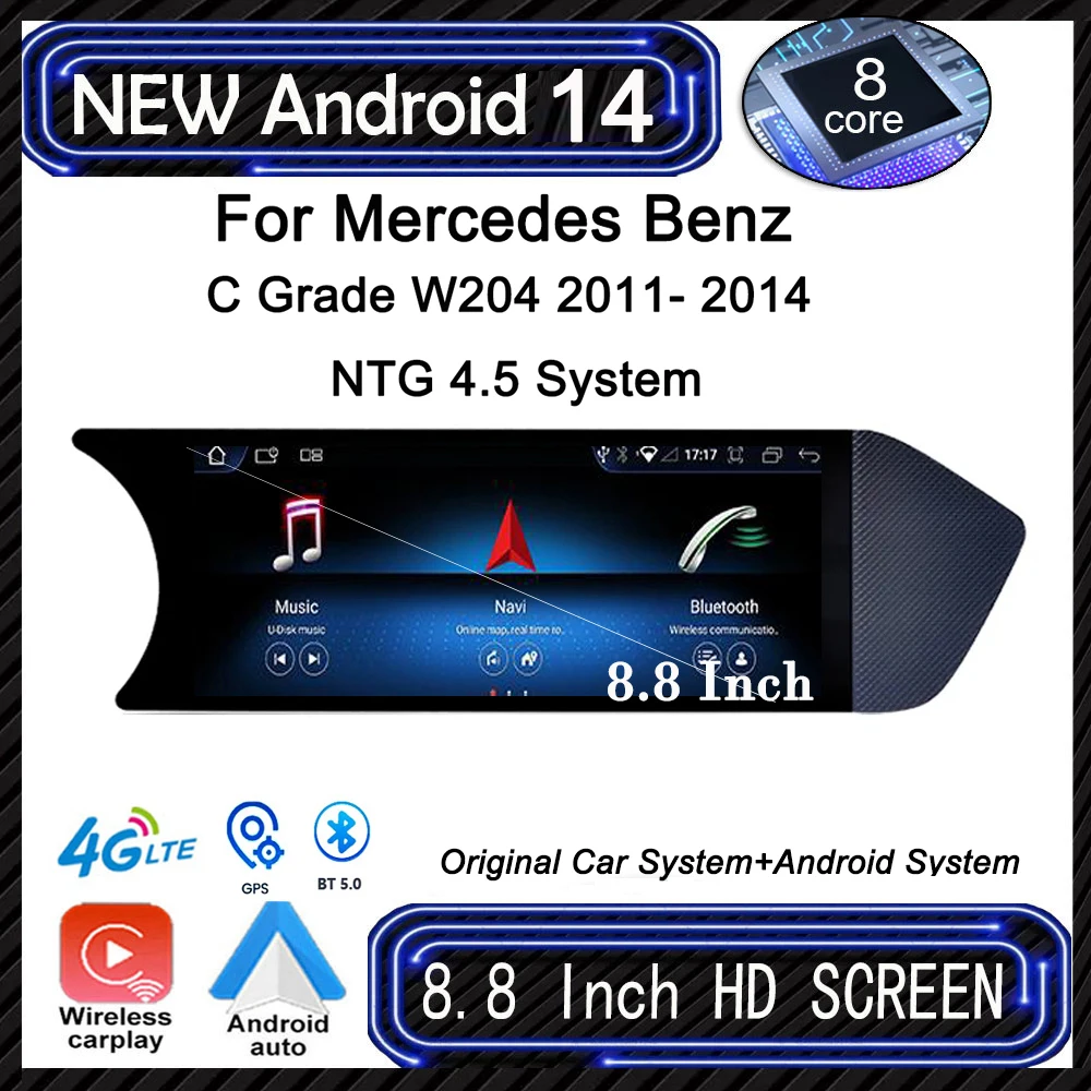 

8,8 дюймовый 8-ядерный Android 14 для Mercedes Benz C класса W204 2011 - 2014 NTG 4.5 система Carplay Авто Стерео GPS навигация радио